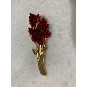VINTAGE Signed DM 97 RED ROSES BOUQUET OF FLOWERS BROOCH PIN Gold Tone